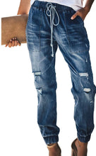 Load image into Gallery viewer, Women's Denim Distressed Drawstring Pocketed Jean Joggers