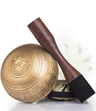 Load image into Gallery viewer, Tibetan Singing Bowl Set- Peace Pattern-Gold Bowl with Black Pillow