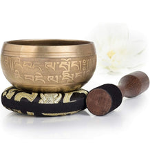 Load image into Gallery viewer, Tibetan Singing Bowl Set- Peace Pattern-Gold Bowl with Black Pillow