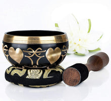 Load image into Gallery viewer, Tibetan Singing Bowl Set- Heart Pattern - Black Bowl with Black Pillow