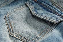 Load image into Gallery viewer, Men's Faux Fur Collar Distressed Denim Trucker Jacket