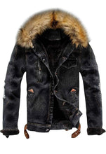 Load image into Gallery viewer, Men's Faux Fur Collar Distressed Denim Trucker Jacket