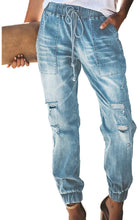 Load image into Gallery viewer, Women&#39;s Denim Distressed Drawstring Pocketed Jean Joggers
