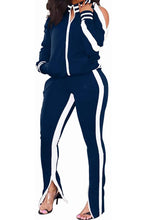 Load image into Gallery viewer, Women&#39;s 2 Piece Stripe Slit Flare Pant Jogging Suit
