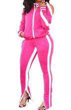 Load image into Gallery viewer, Women&#39;s 2 Piece Stripe Slit Flare Pant Jogging Suit
