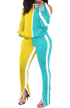 Load image into Gallery viewer, Women&#39;s 2 Piece Stripe 2 Toned Slit Flare Pant Jogging Suit
