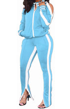 Load image into Gallery viewer, Women&#39;s 2 Piece Stripe Slit Flare Pant Jogging Suit
