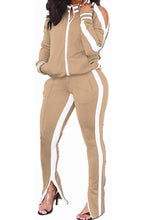 Load image into Gallery viewer, Women&#39;s 2 Piece Stripe Slit Flare Pant Jogging Suit
