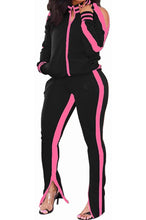 Load image into Gallery viewer, Women&#39;s 2 Piece Stripe Slit Flare Pant Jogging Suit
