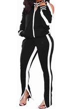 Load image into Gallery viewer, Women&#39;s 2 Piece Stripe Slit Flare Pant Jogging Suit
