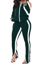 Load image into Gallery viewer, Women&#39;s 2 Piece Stripe Slit Flare Pant Jogging Suit
