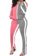 Load image into Gallery viewer, Women&#39;s 2 Piece Stripe 2 Toned Slit Flare Pant Jogging Suit
