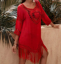 Load image into Gallery viewer, Neon Red Fringe Hem Crochet Cover Up
