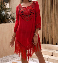 Load image into Gallery viewer, Neon Red Fringe Hem Crochet Cover Up
