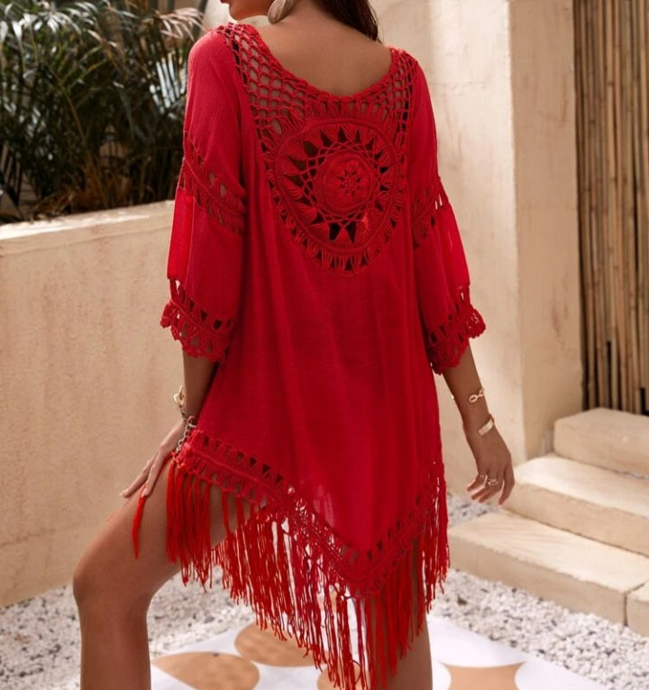 Neon Red Fringe Hem Crochet Cover Up