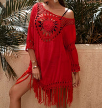 Load image into Gallery viewer, Neon Red Fringe Hem Crochet Cover Up
