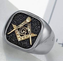 Load image into Gallery viewer, Stainless Steel Silver Gold Two Tone Signet Style Masonic Ring
