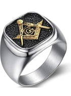 Stainless Steel Silver Gold Two Tone Signet Style Masonic Ring