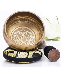 Load image into Gallery viewer, Tibetan Singing Bowl Set- Peace Pattern-Gold Bowl with Black Pillow
