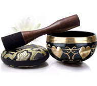 Tibetan Singing Bowl Set- Heart Pattern - Black Bowl with Black Pillow