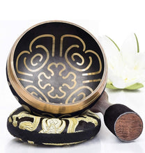 Load image into Gallery viewer, Tibetan Singing Bowl Set- Heart Pattern - Black Bowl with Black Pillow
