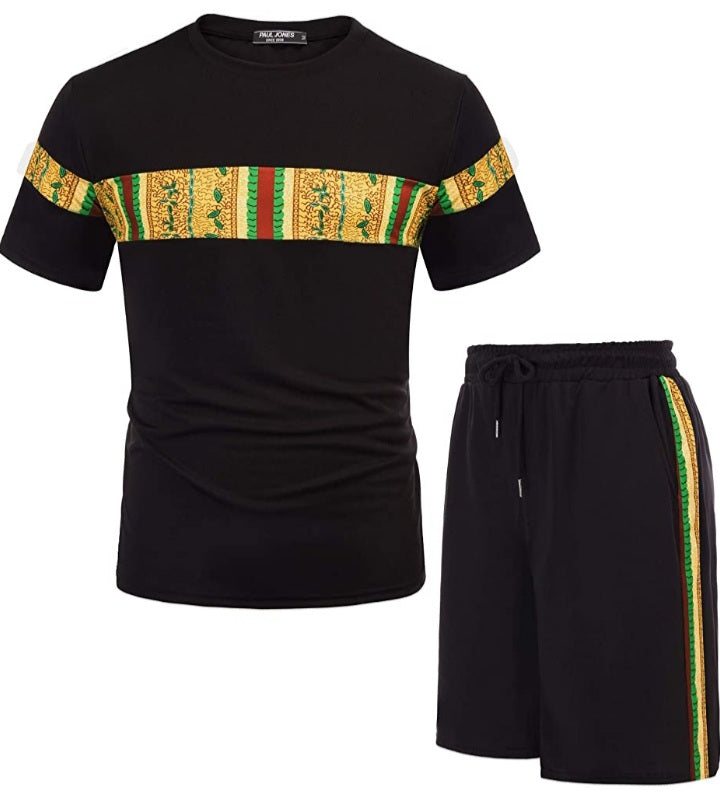 Men's Mesh African Dashiki T-Shirt and Shorts Set