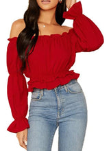 Load image into Gallery viewer, Women&#39;s Sexy Off Shoulder Long Sleeve Ruffle Trim Blouse
