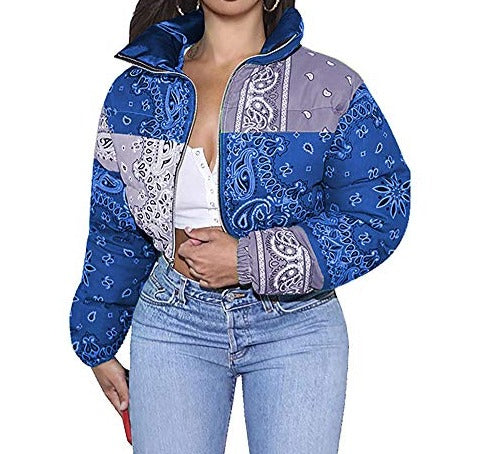 Women Bandana Printed Cropped Puffer Jacket