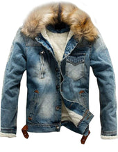 Load image into Gallery viewer, Men&#39;s Faux Fur Collar Distressed Denim Trucker Jacket
