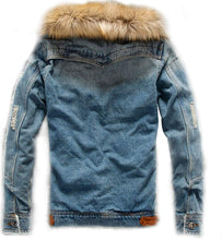 Load image into Gallery viewer, Men&#39;s Faux Fur Collar Distressed Denim Trucker Jacket

