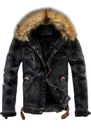 Men's Faux Fur Collar Distressed Denim Trucker Jacket