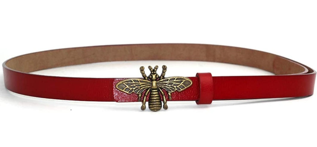 Women's Thin Vintage Copper Bee Buckle Leather Belt